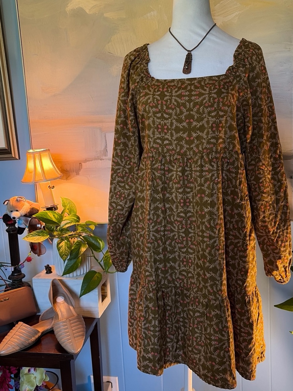 Universal Thread Khaki Floral Square Neck Long Sleeve Mini Dress